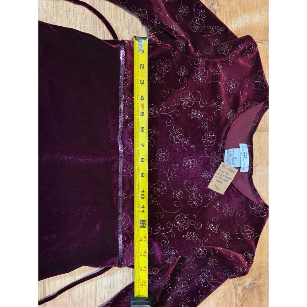 Vintage 90s Iz Byer Sequin Glitter Floral Burgundy Flutter Sleeve Velour Dress